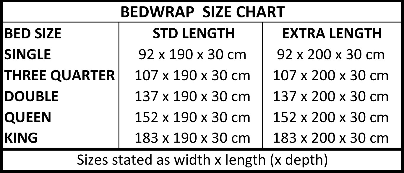 Bed wrap Size chart